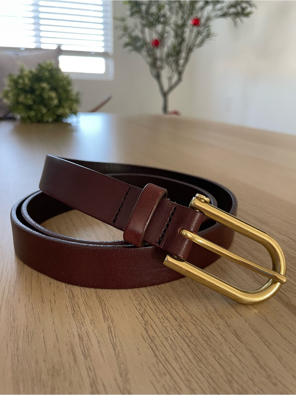 J. Crew Burgundy Leather Belt with Gold Buckle